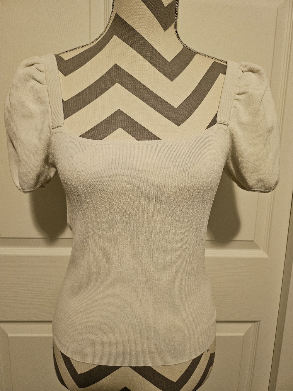 Square Neck Puff Sleeve Knit Tank Top - White